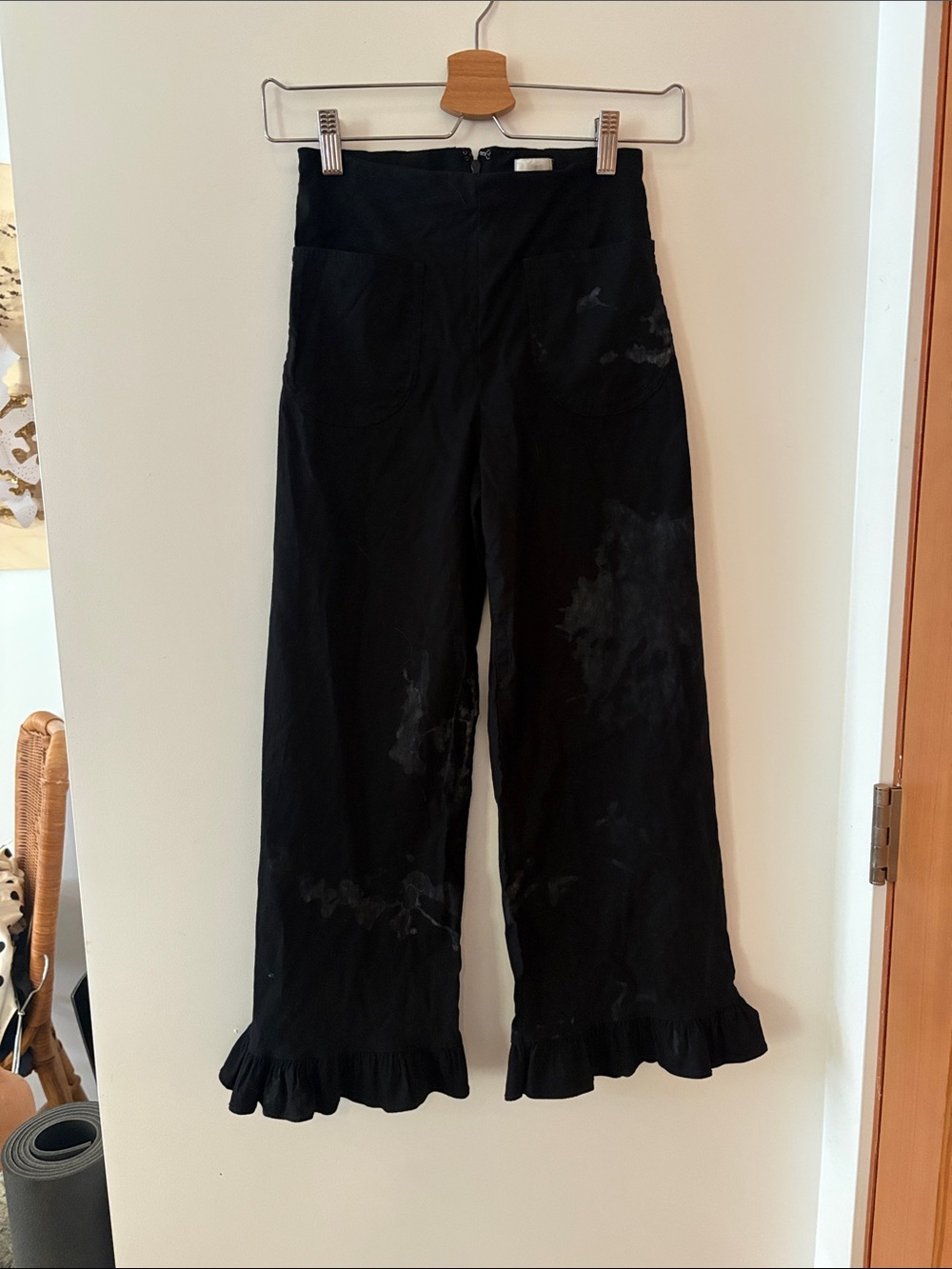 Maeve Black Wide-Leg Pants with Ruffle Hem